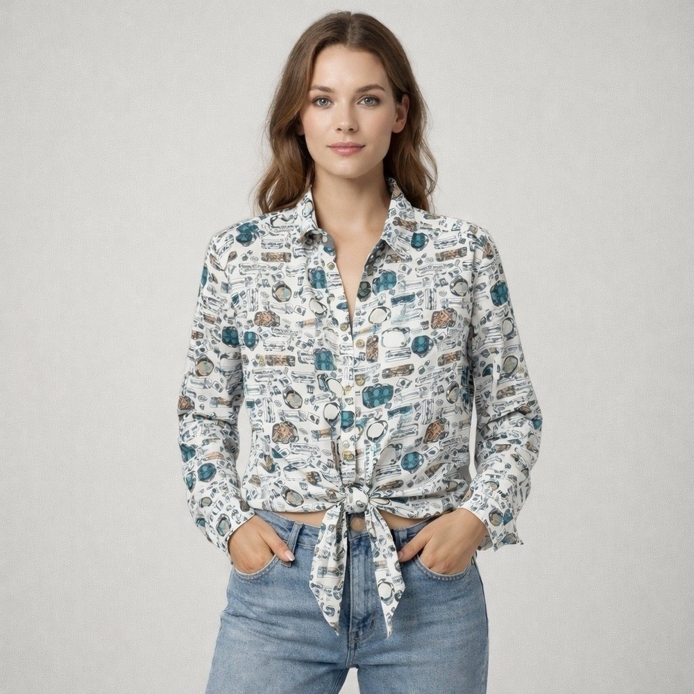Style & Co Button Down Shirt‎ Womens Medium Travel Print Tie Front Excellent